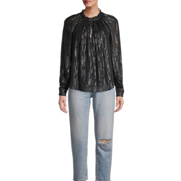 Rebecca Taylor Revolve Shirt Safari Metallic Ruffle Silk Blouse in Black - Picture 4 of 13